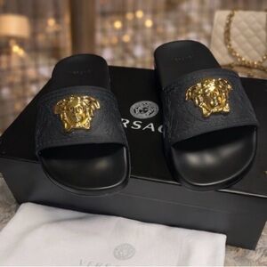 Versace Black Palazzo Pool Slides w Gold Medusa Detail Various Sizes NIB